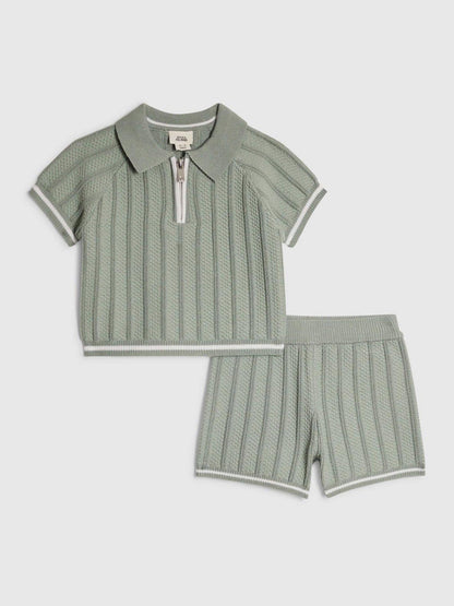 River Island Green Knitted Polo Top & Short Set image 1