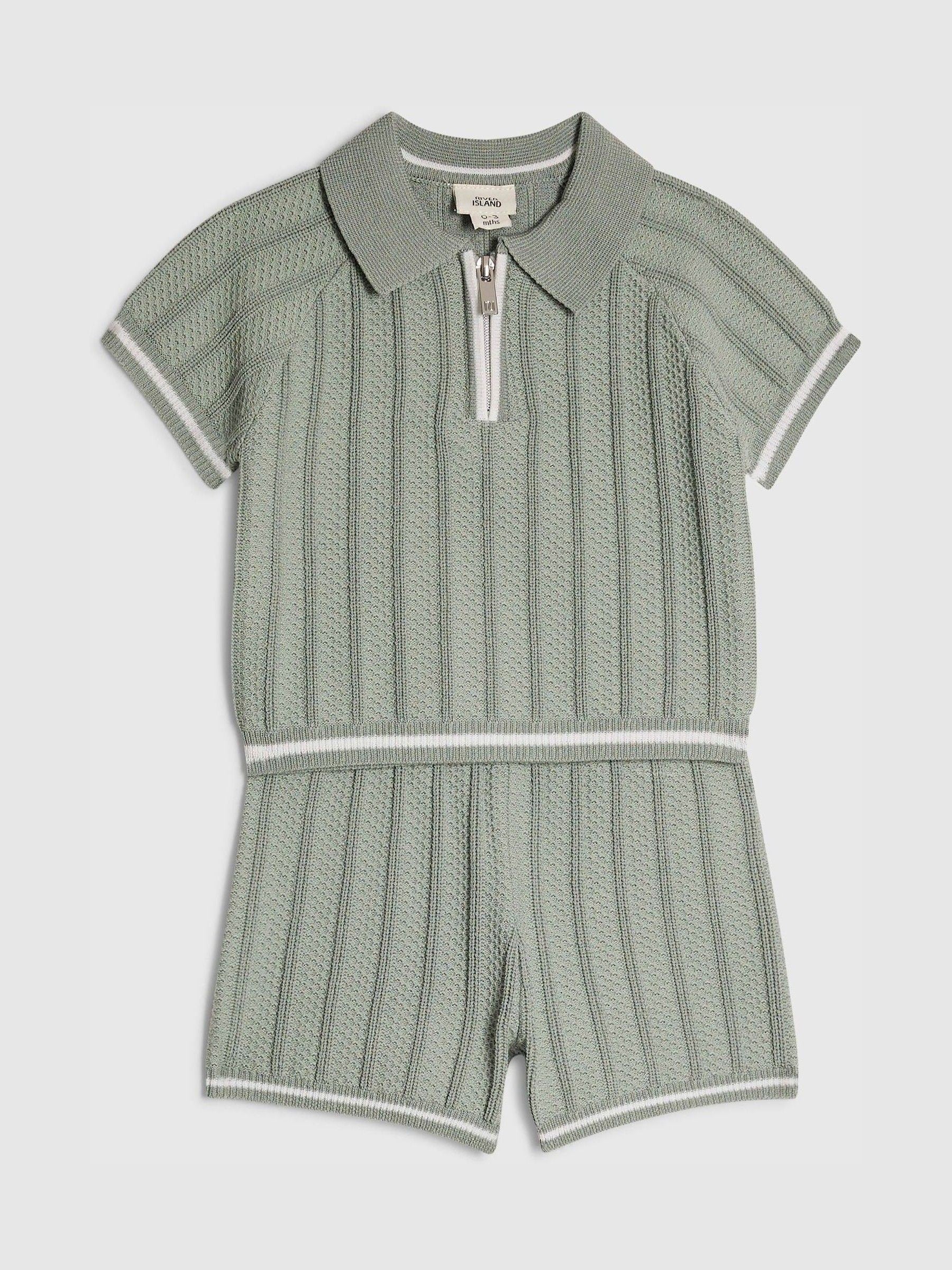 River Island Green Knitted Polo Top & Short Set image 3
