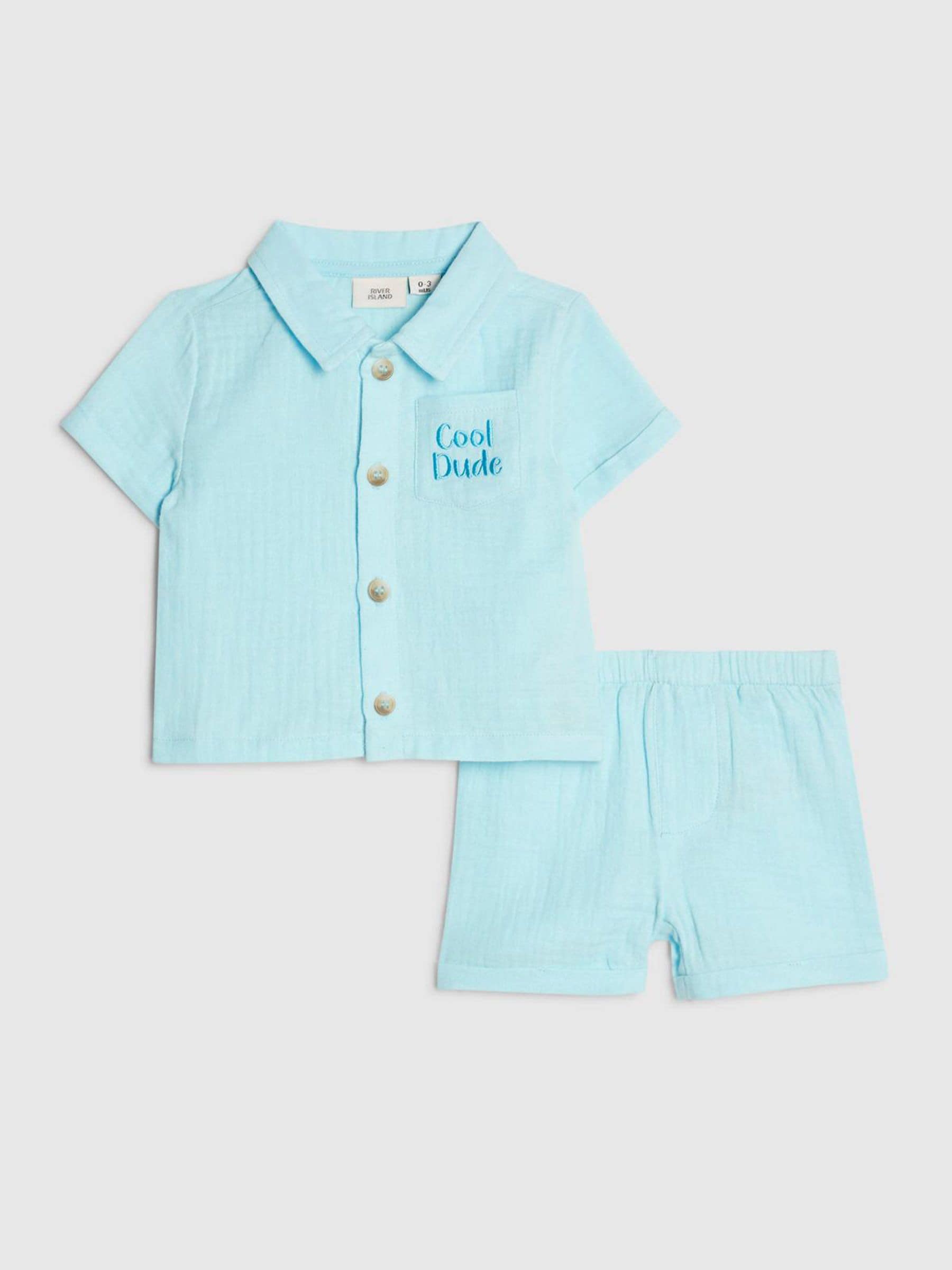River Island Blue Cool Dude Cheesecloth Shirt & Short Set image 1