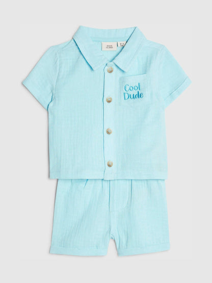River Island Blue Cool Dude Cheesecloth Shirt & Short Set image 3