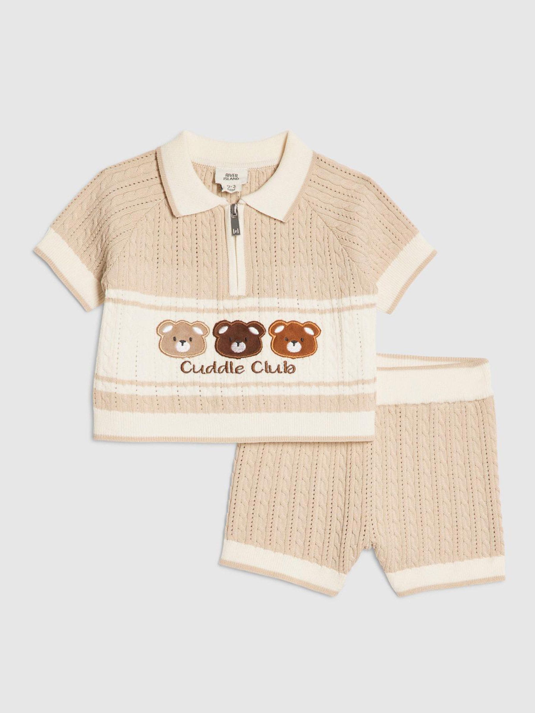 River Island Brown Knitted Bear Polo & Short Set image 1