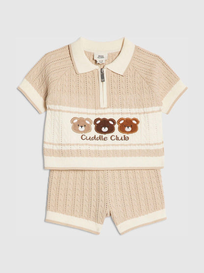 River Island Brown Knitted Bear Polo & Short Set image 3