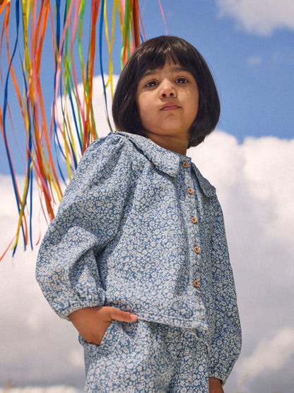 Dsiney Kidz - JoJo Maman Bébé Light Wash Denim Blue Floral Printed Shirt & Trouser Set image 1