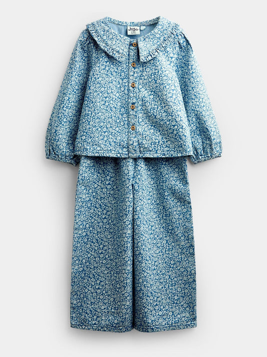 Dsiney Kidz - JoJo Maman Bébé Light Wash Denim Blue Floral Printed Shirt & Trouser Set image 2