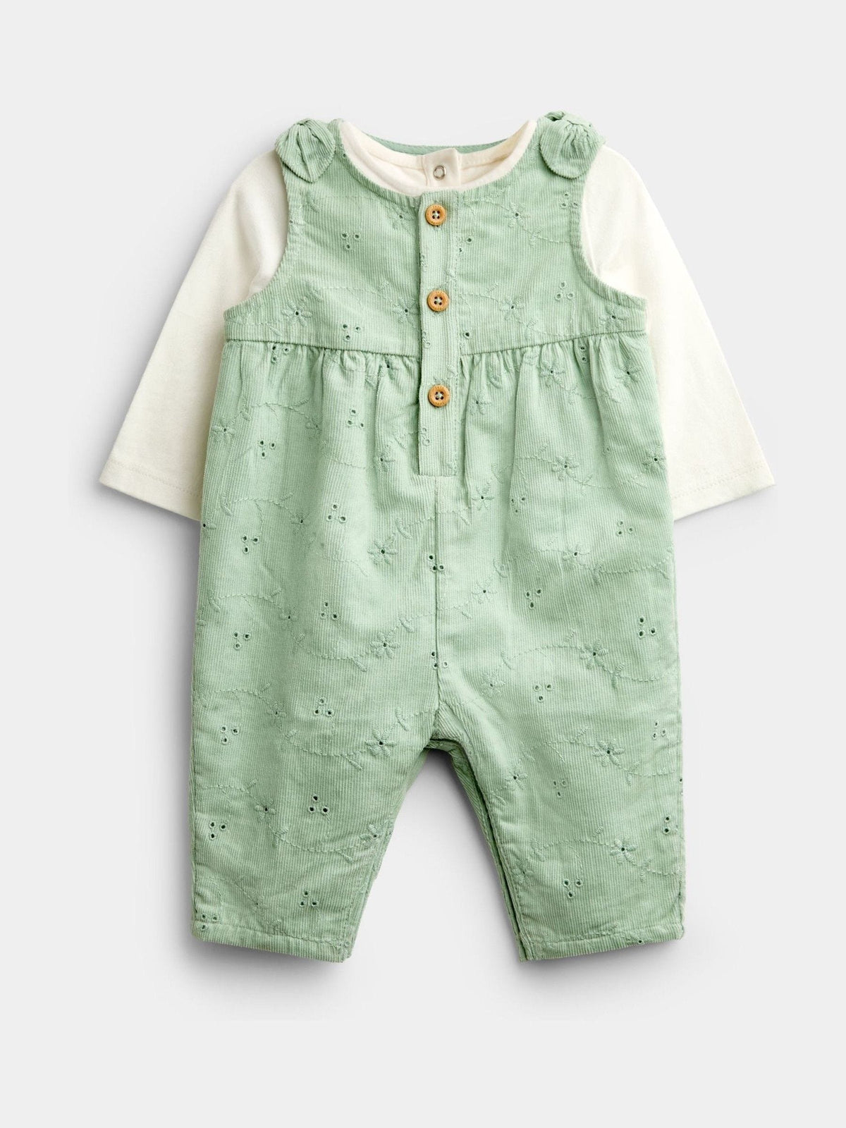 Dsiney Kidz - JoJo Maman Bébé Sage Green Broderie Dungaree & Body Set image 3