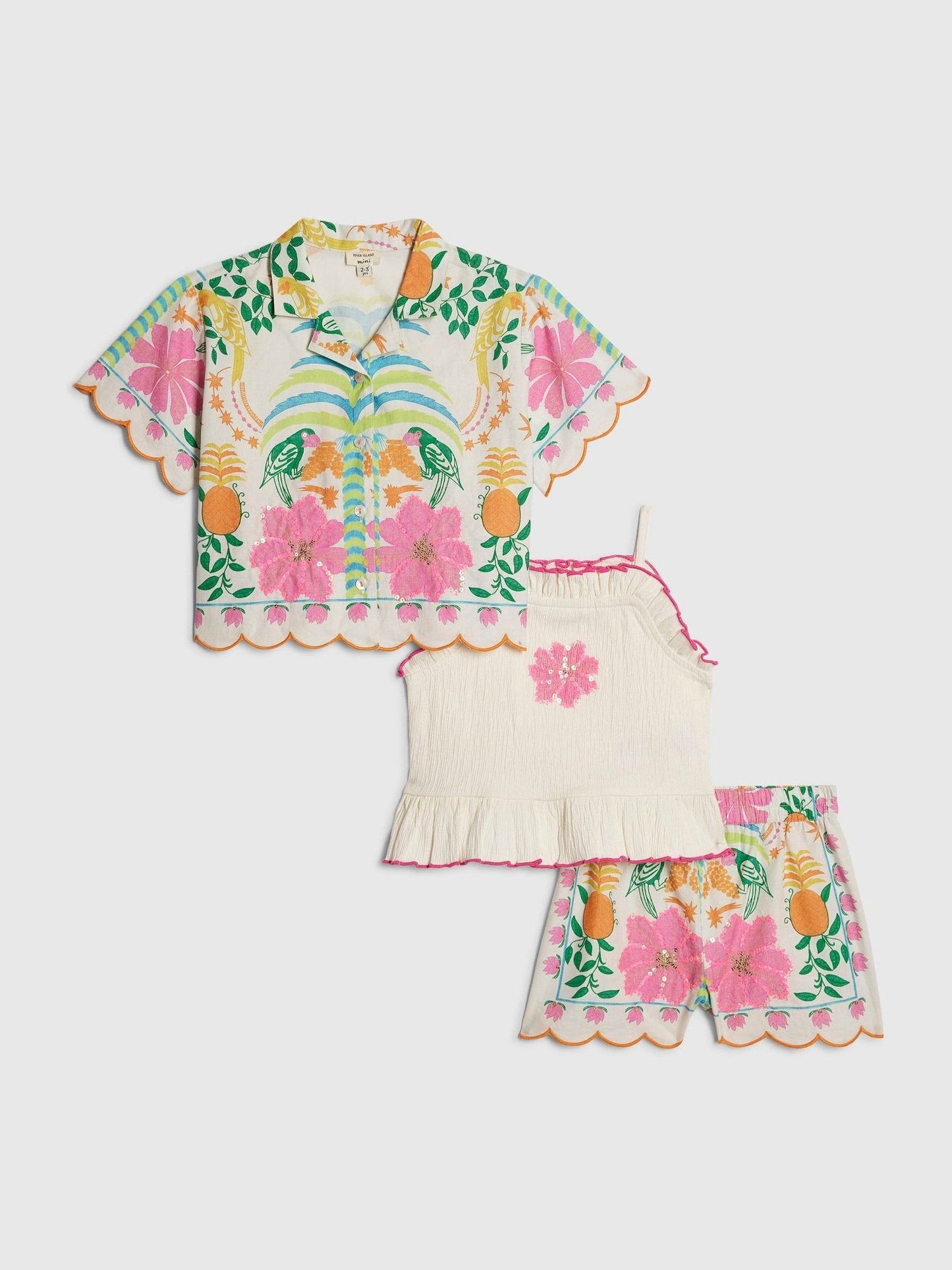 River Island Pink Palm Parrot Shirt & Shorts 3 Piece Set image 1