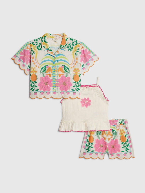 River Island Pink Palm Parrot Shirt & Shorts 3 Piece Set image 1