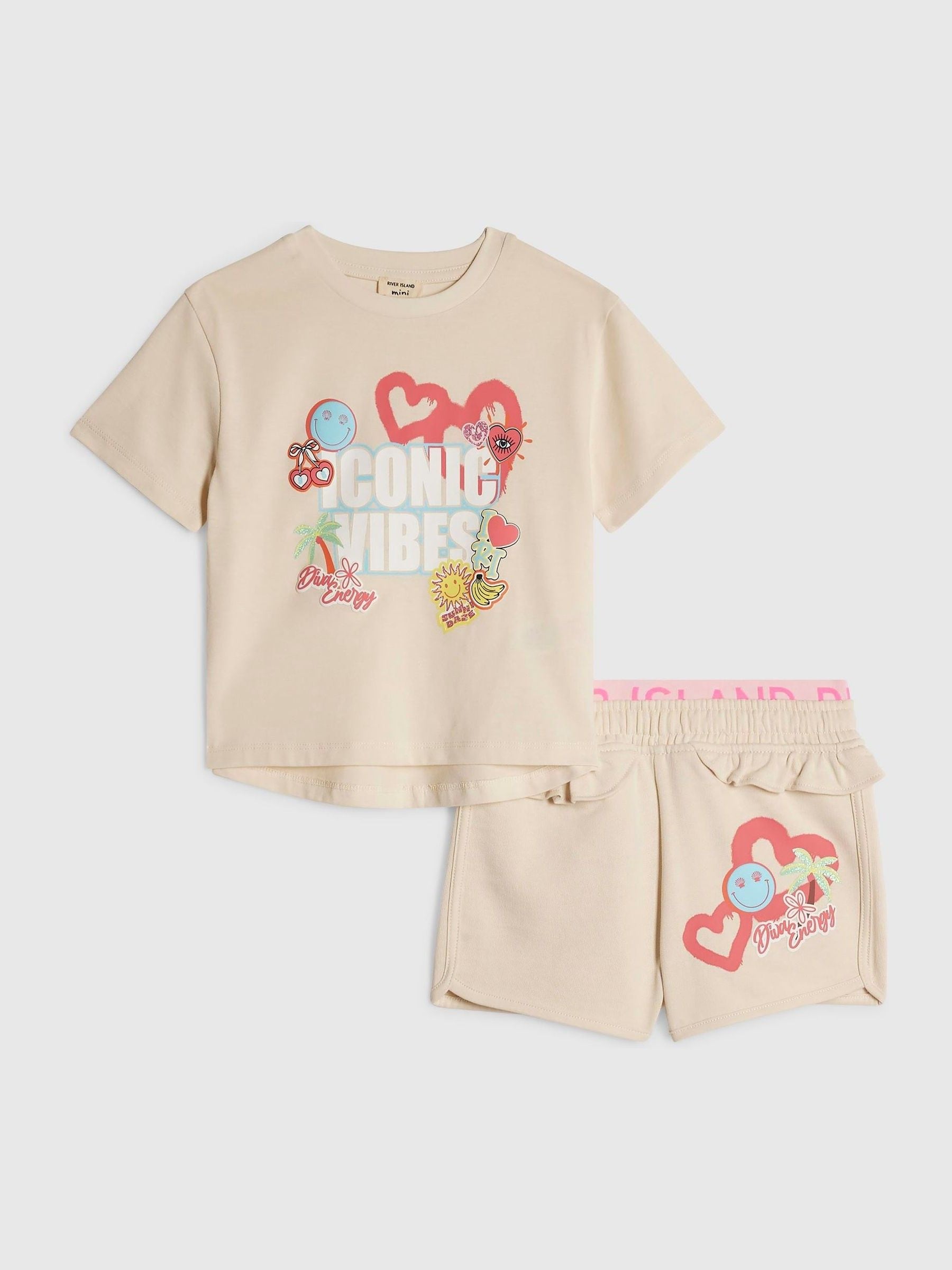River Island Cream T-Shirt & Runner Shorts Set image 1