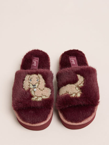Lipsy Burgundy Red Soft Faux Fur Dog Mule Slippers - image 1