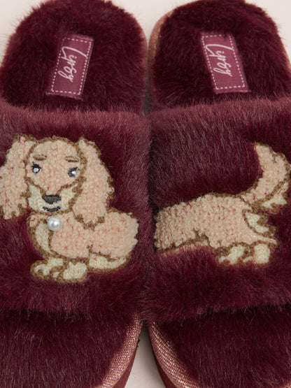 Lipsy Burgundy Red Soft Faux Fur Dog Mule Slippers - image 2