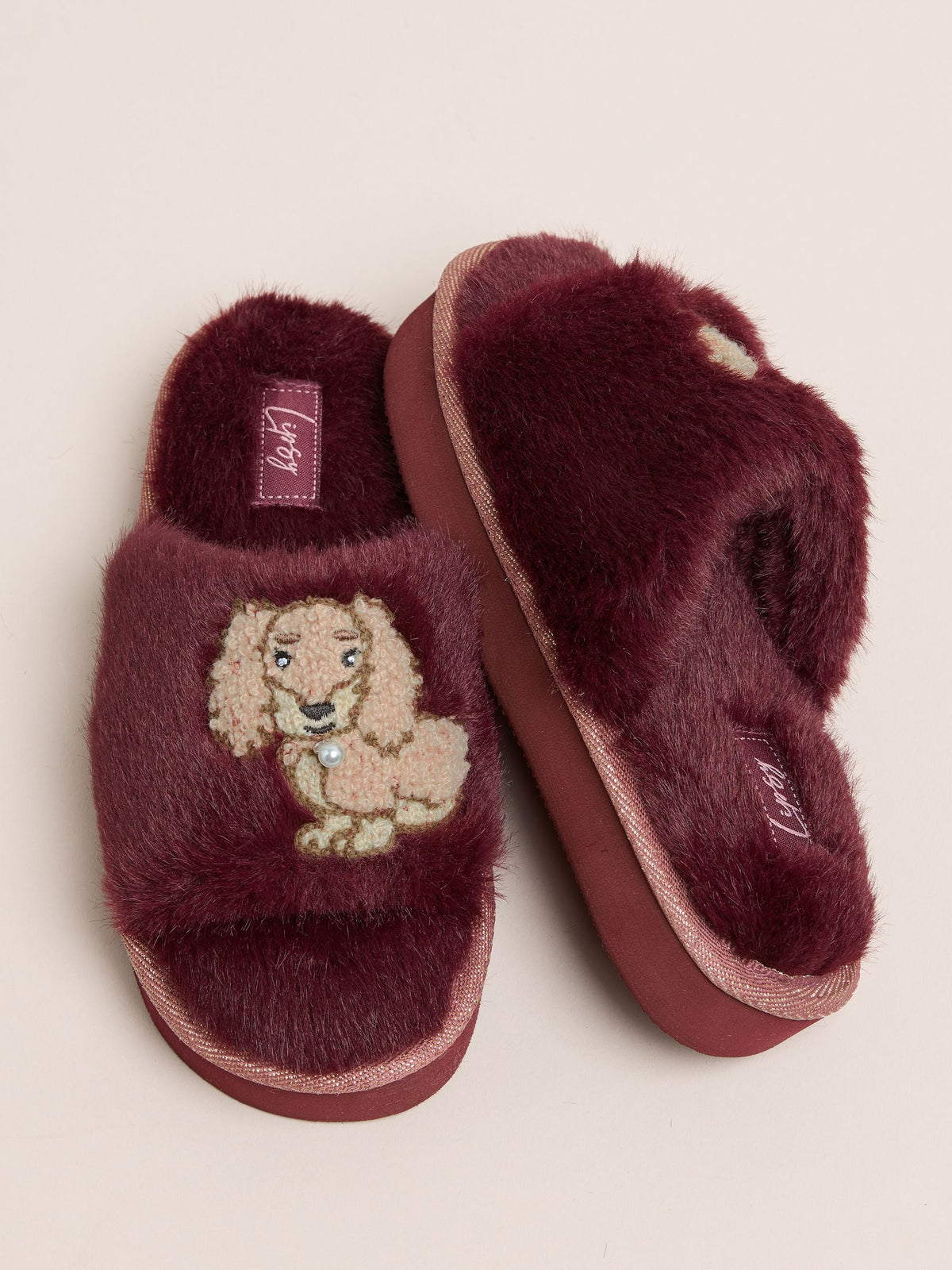Lipsy Burgundy Red Soft Faux Fur Dog Mule Slippers - image 3