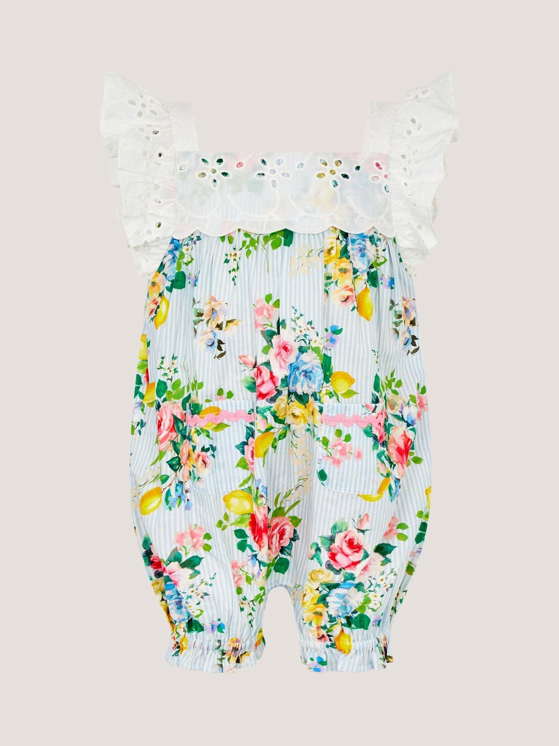 Monsoon Blue Baby Broderie Floral Stripe Romper image 1