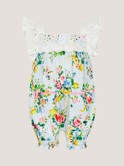 Monsoon Blue Baby Broderie Floral Stripe Romper image 1