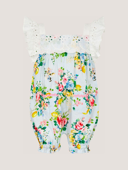 Monsoon Blue Baby Broderie Floral Stripe Romper image 1