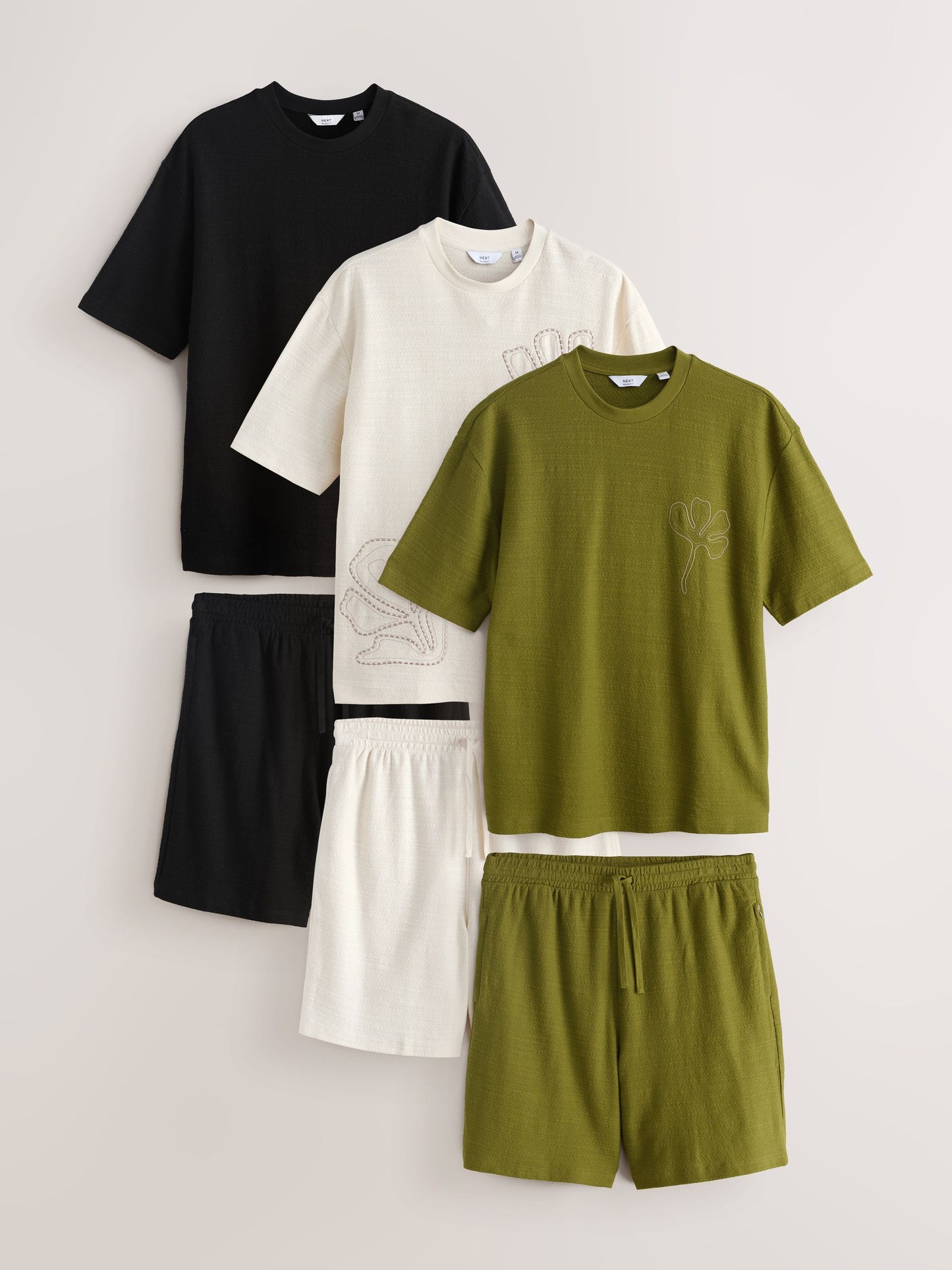 Khaki Green / Ecru White / Black Co-ord T-Shirt And Shorts Set 3 Pack image 1