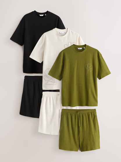 Khaki Green / Ecru White / Black Co-ord T-Shirt And Shorts Set 3 Pack image 1