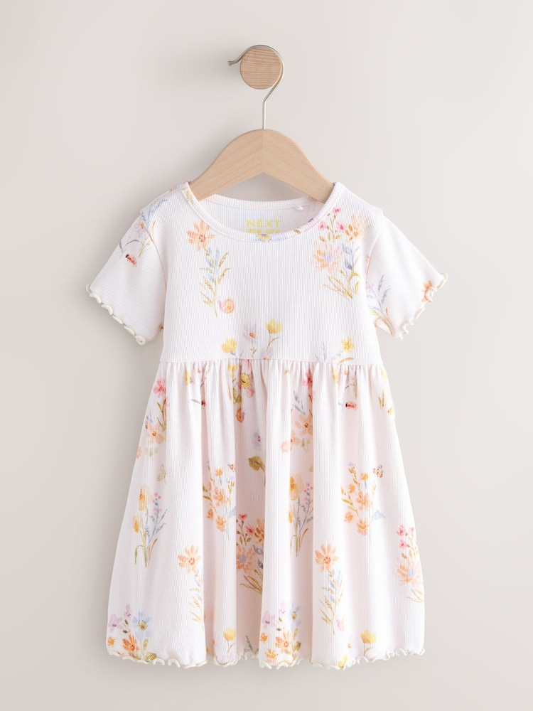 Cream Floral Short Sleeve Ribbed Dress (3mths-7yrs) Immediate