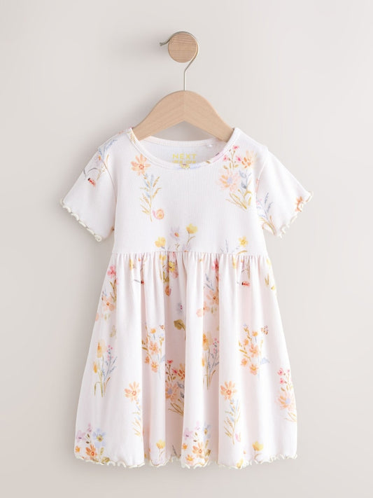 Cream Floral Short Sleeve Ribbed Dress (3mths-7yrs) Immediate