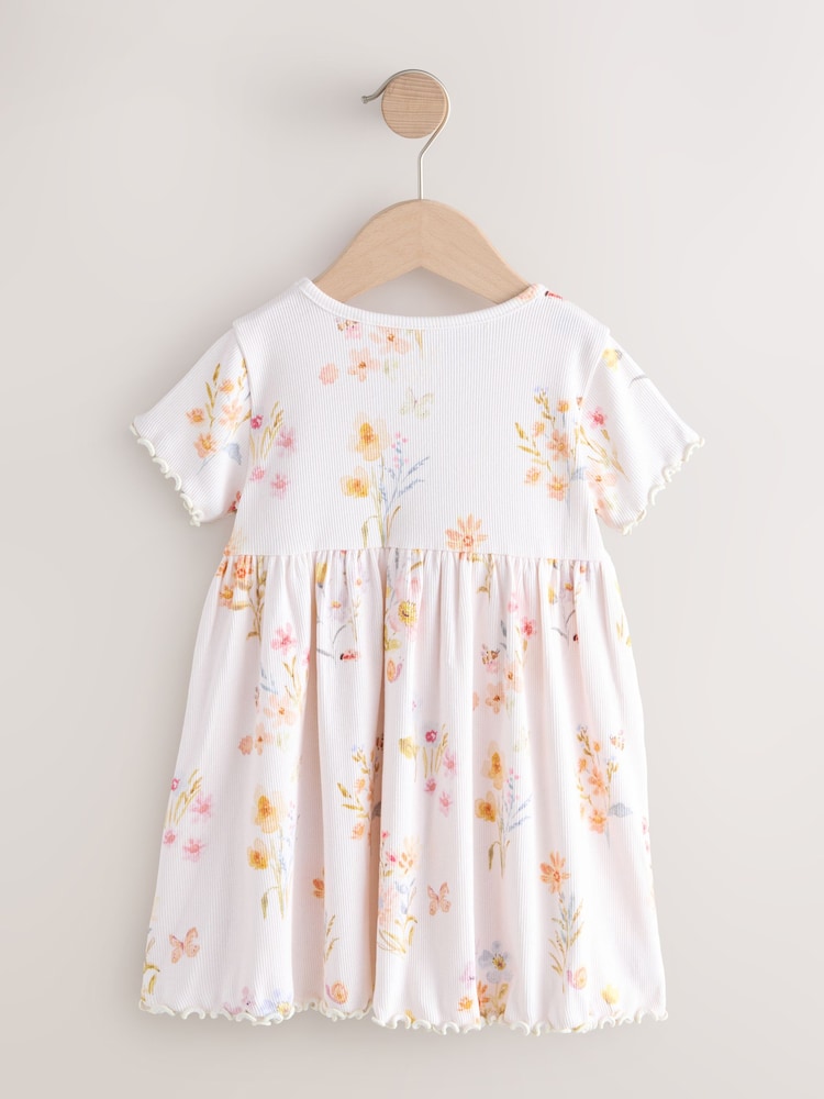 Cream Floral Short Sleeve Ribbed Dress (3mths-7yrs) Immediate