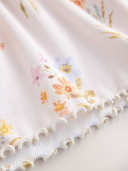 Cream Floral Short Sleeve Ribbed Dress (3mths-7yrs) Immediate