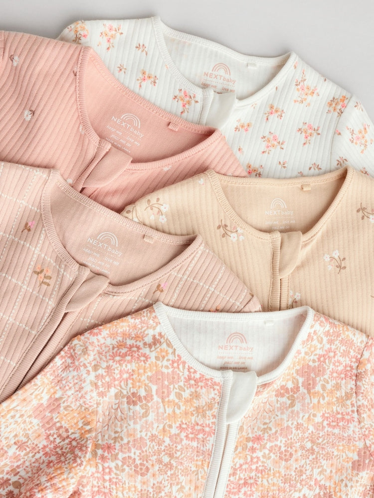 Neutral 5 Pack Two Way Zip Baby Sleepsuits (0mths-3yrs)