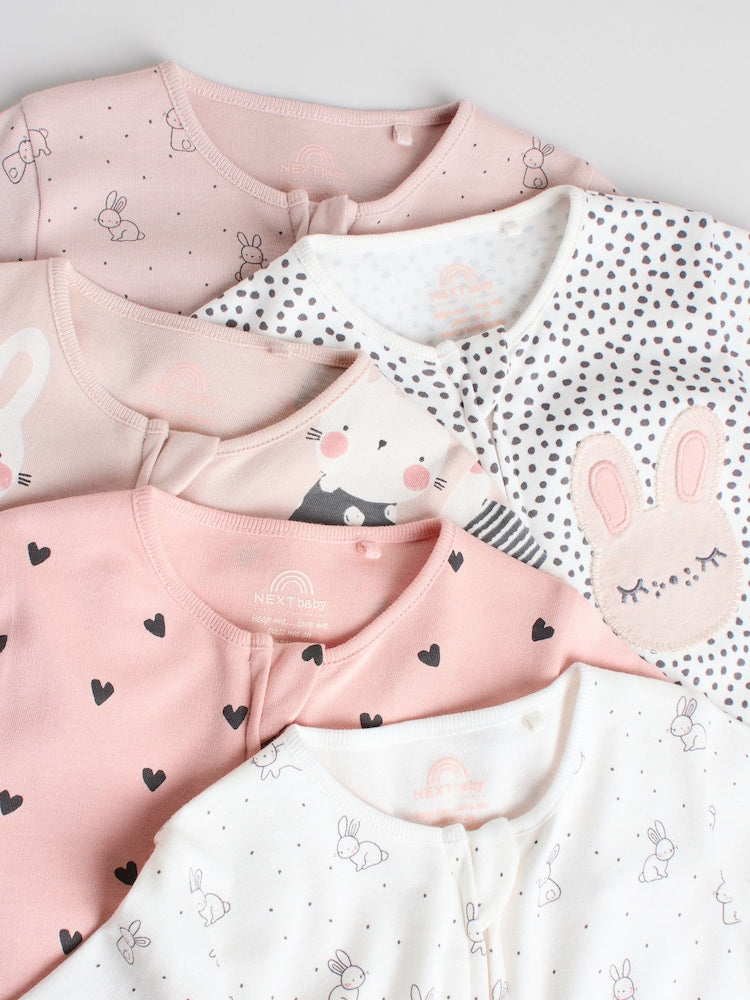 Brown/Cream 5 Pack Two Way Zip Baby Sleepsuits (0mths-2yrs)