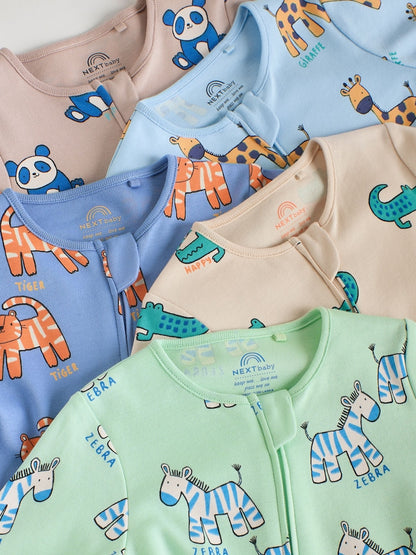 Multi Cotton Two Way Zip Baby Sleepsuits 5 Pack (0-2yrs)