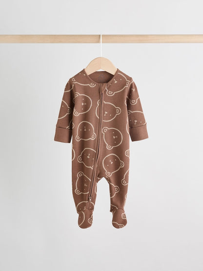 Brown Bear Print Two Way Zip Baby Sleepsuits 4 Pack (0mths-2yrs)