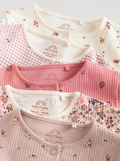 Pink/Rust Ditsy Floral 5 Pack Baby Sleepsuits (0-2yrs)