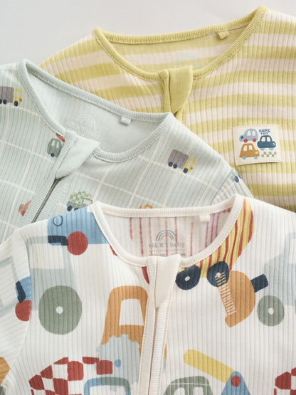 Multi Transport Two Way Zip Baby Sleepsuits 3 Pack (0mths-2yrs)