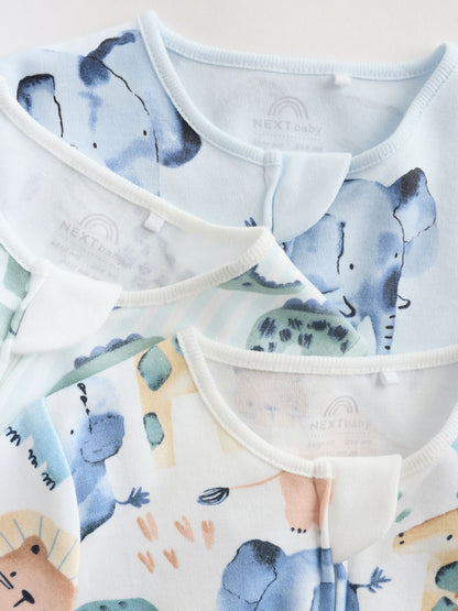 Blue Safari Two Way Zip Baby Sleepsuits 3 Pack (0mths-2yrs)