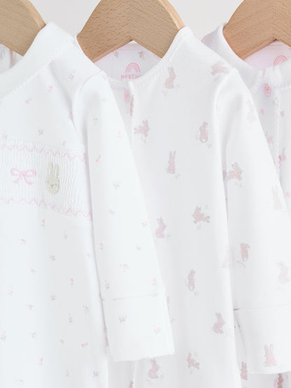 White/Pink Collar 3 Pack Baby Sleepsuits