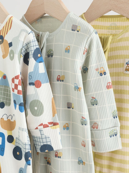 Multi Transport Two Way Zip Baby Sleepsuits 3 Pack (0mths-2yrs)