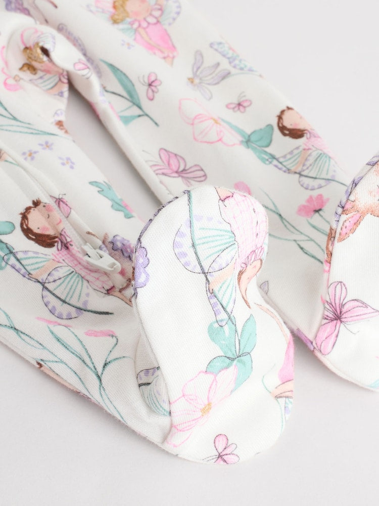Ecru Fairy Two Way Zip Baby Sleepsuits 3 Pack (0-2yrs)