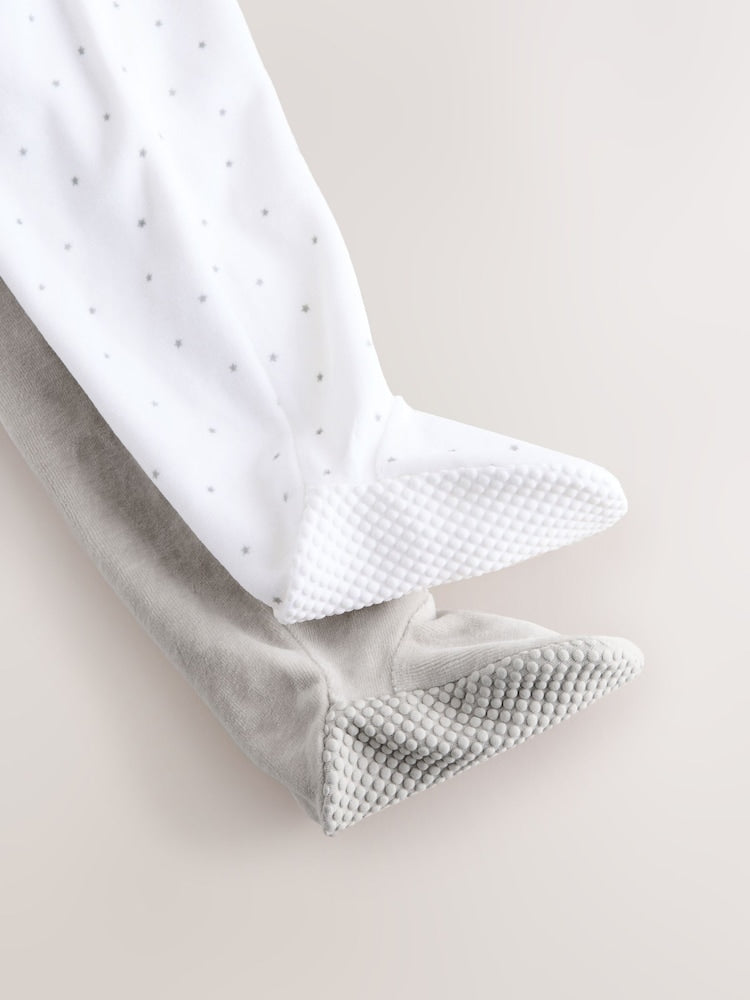 Grey Velour Two Way Zip Baby Sleepsuits 2 Pack (0-2yrs)