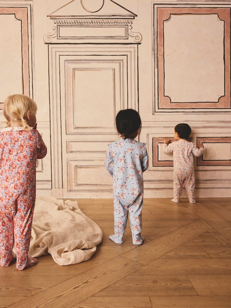 Blue Cath Kidston Floral Baby 100% Cotton Sleepsuits 3 Pack