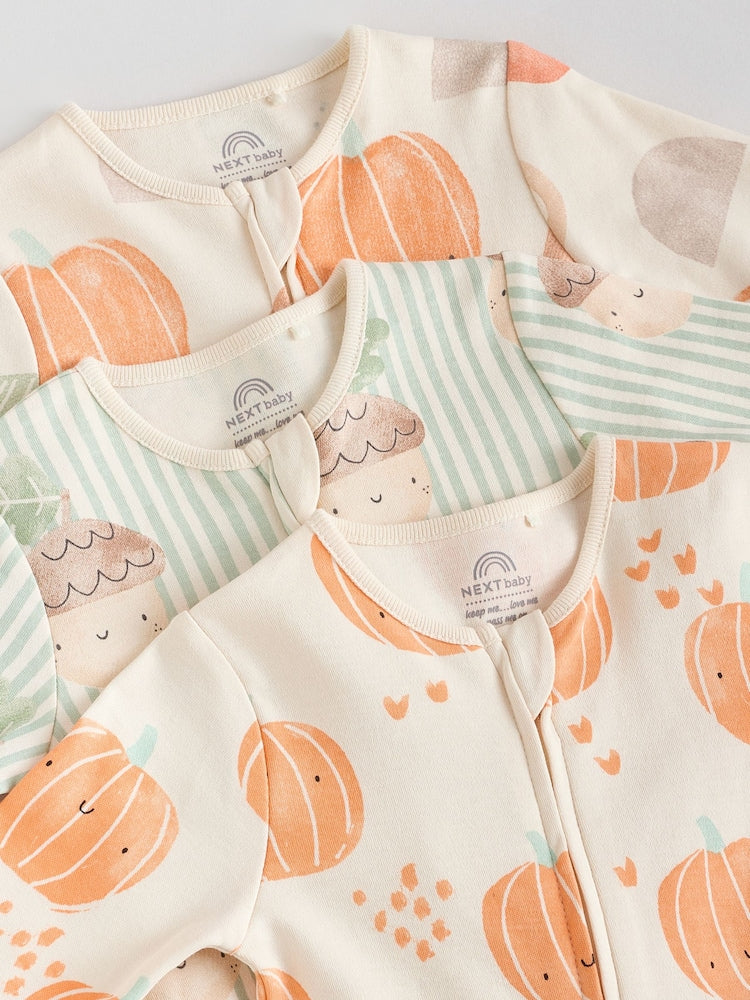 Cream Autumn Pumpkin Two Way Zip Footless Baby Sleepsuits