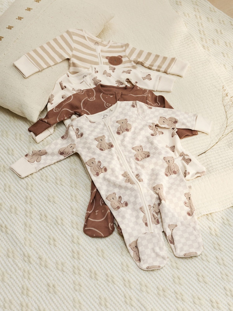 Brown Bear Print Two Way Zip Baby Sleepsuits 4 Pack (0mths-2yrs)