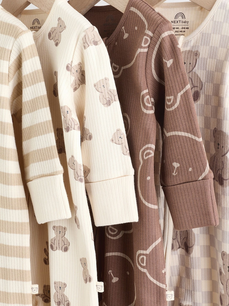 Brown Bear Print Two Way Zip Baby Sleepsuits 4 Pack (0mths-2yrs)