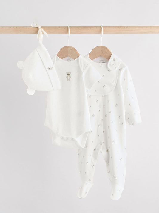 White Baby Sleepsuit, Bodysuit, Beanie and Bib Set 4 Piece (0-9mths)