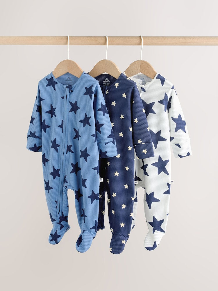 Navy Star Two Way Zip Baby Sleepsuits 3 Pack (0-2yrs)