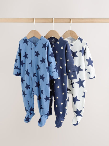 Navy Star Two Way Zip Baby Sleepsuits 3 Pack (0-2yrs)