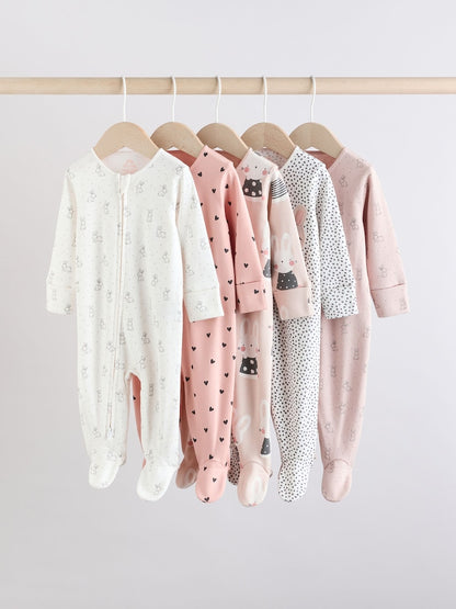 Brown/Cream 5 Pack Two Way Zip Baby Sleepsuits (0mths-2yrs)