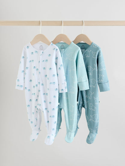 Blue Baby Linear Elephant Sleepsuits 3 Pack (0-2yrs)