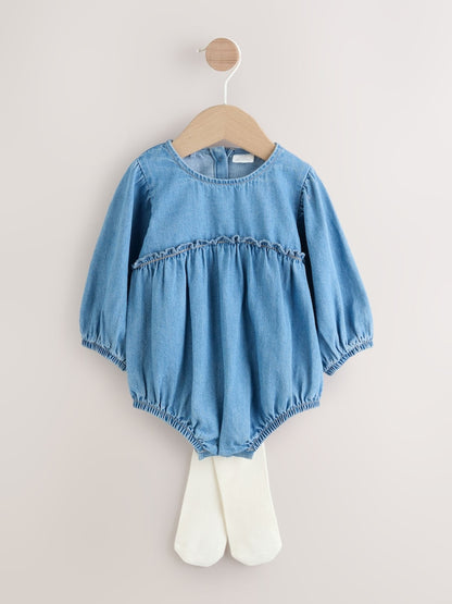 Denim Blue Baby Bloomer Rompers Set 2 Piece with Tights (0mths-3yrs)