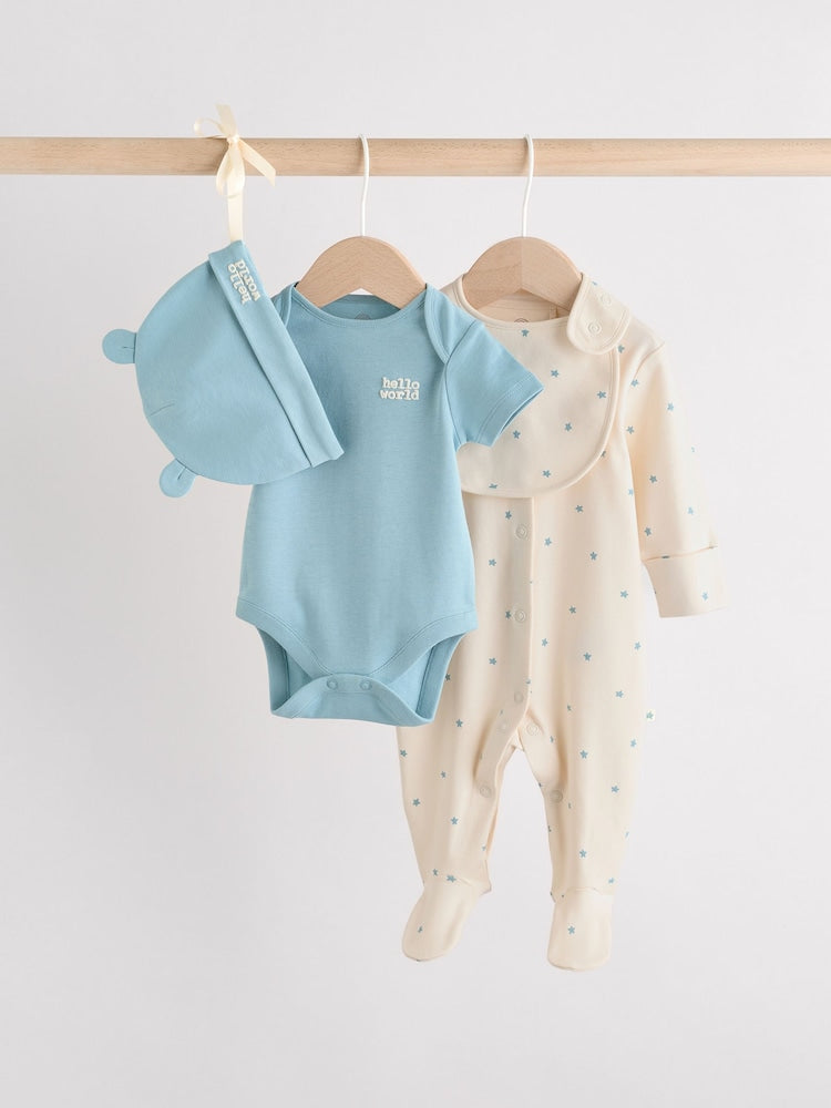 Blue Baby Sleepsuit, Bodysuit, Beanie and Bib Set 4 Piece (0-12mths)