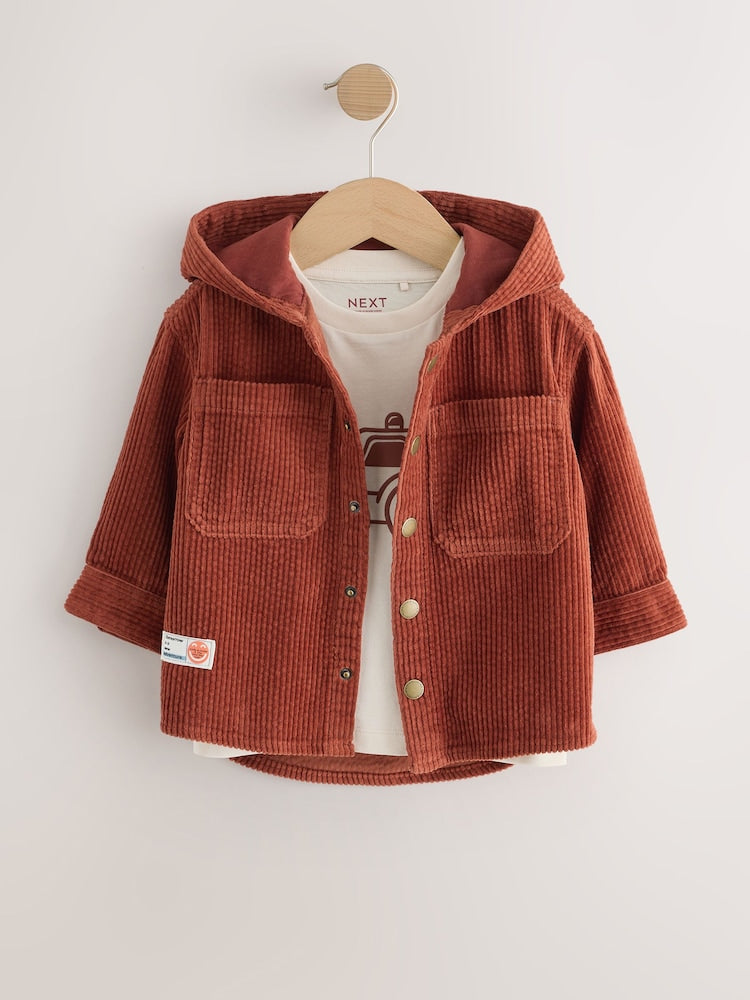 Rust Red Hooded Corduroy Overshirt & T-Shirt Set 2 Piece