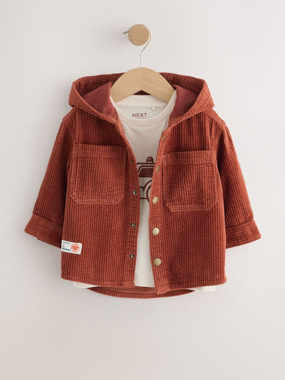 Rust Red Hooded Corduroy Overshirt & T-Shirt Set 2 Piece