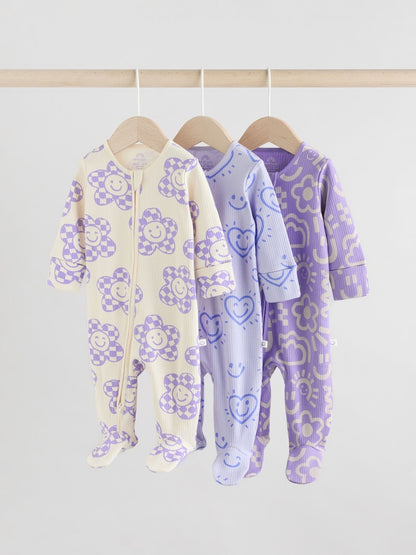 Lilac Purple 3 Pack Two Way Zip Baby Sleepsuits (0mths-3yrs)