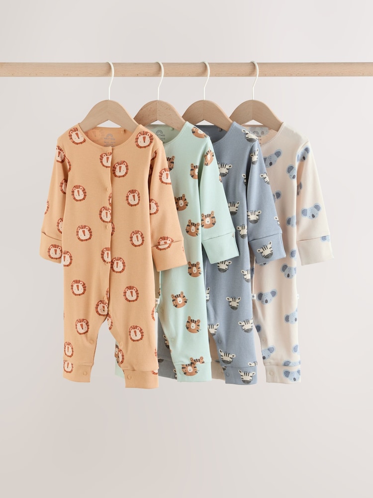 Multi Safari Animal Baby Sleepsuits 4 Pack (0mths-3yrs)